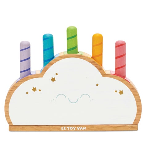Le Toy Van Rainbow Cloud Pop - A beautiful interactive, spring loaded wooden toy, featuring five colourful rainbow pop-up rods in varying heights. Say It Baby Gifts.
