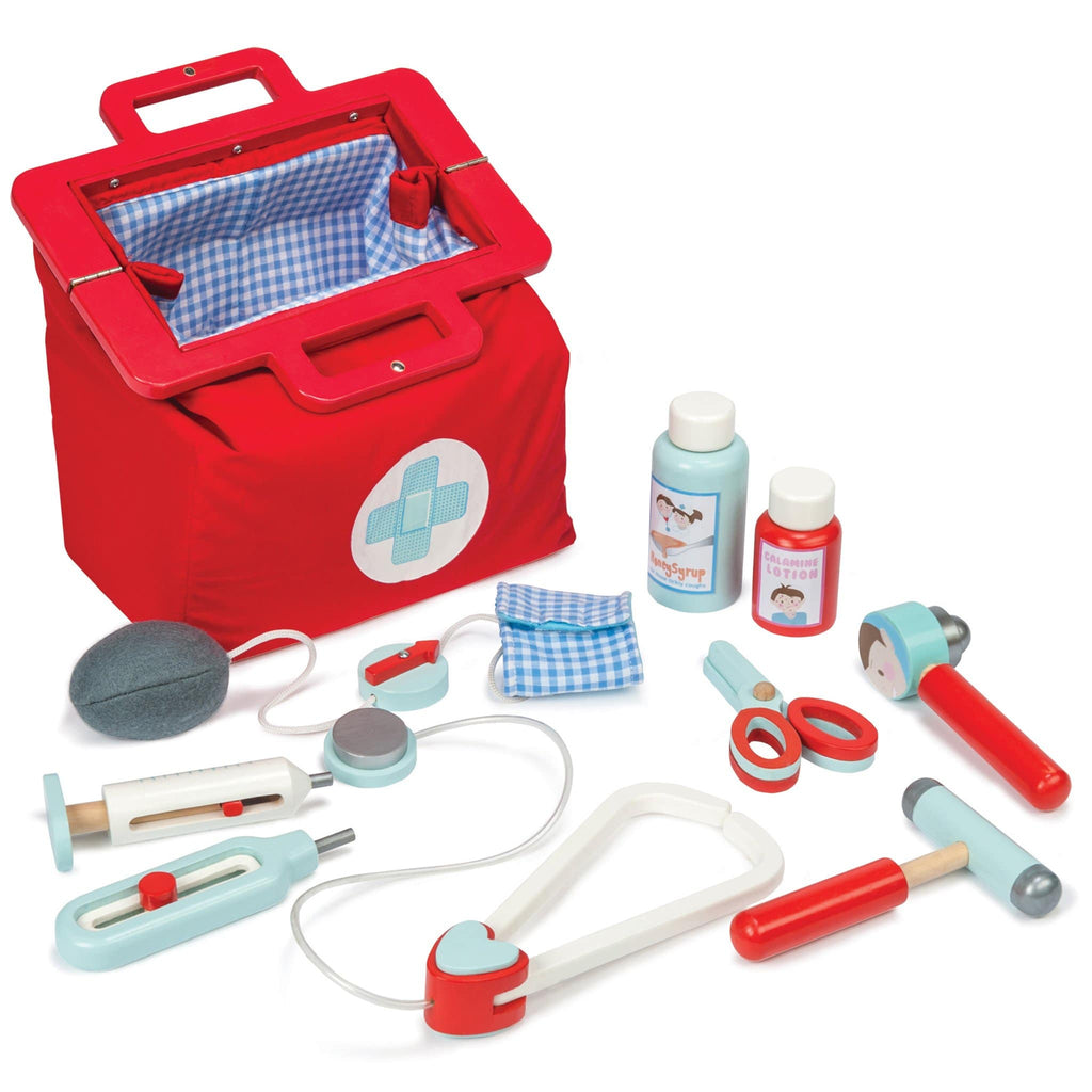 Wooden Toy Doctor Medical Kit by Le Toy Van -The award-winning toy set includes a toy stethoscope, thermometer, syringe, blood pressure gauge, ear scope, reflex hammer, scissors and two medicine bottles.