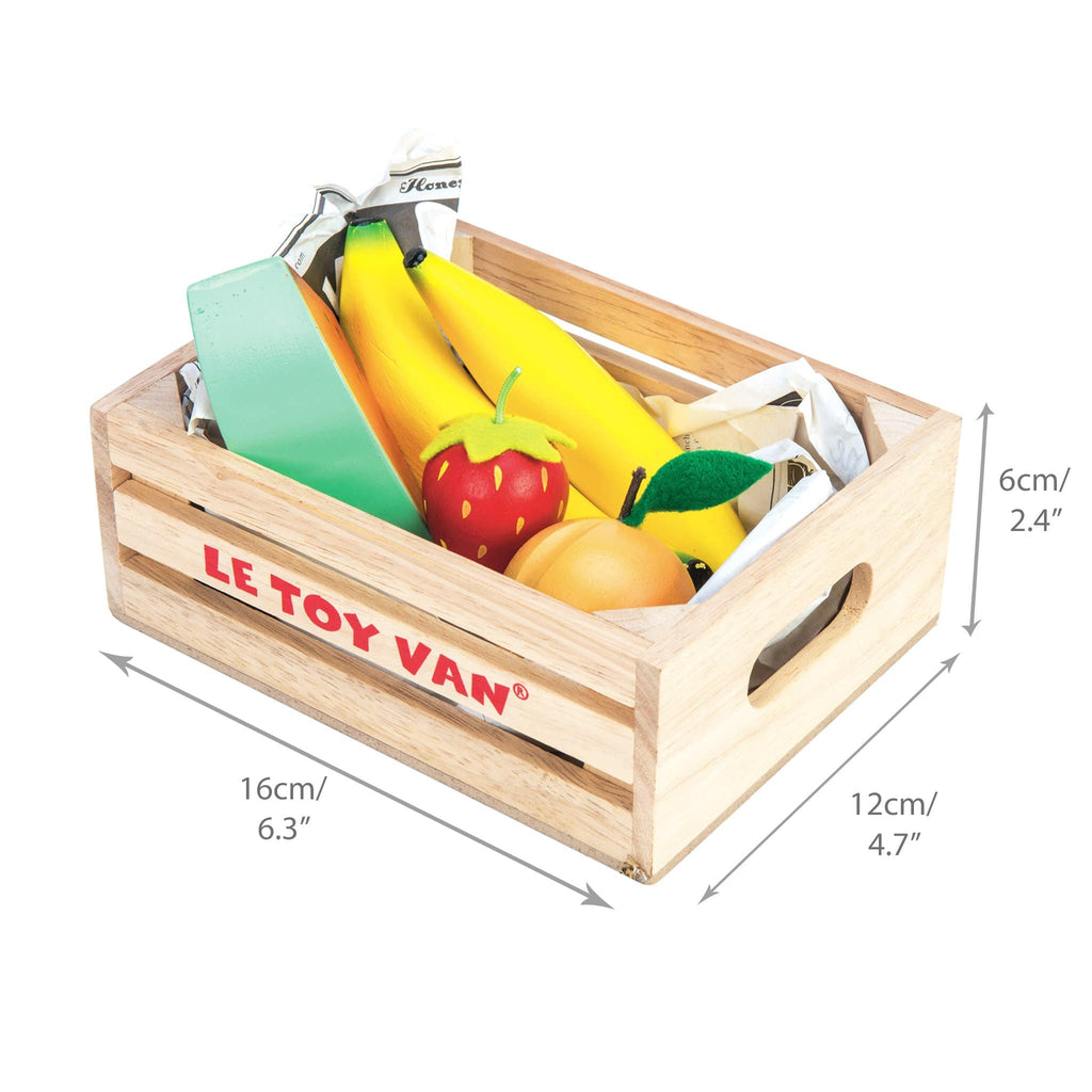 Le Toy Van Fruit '5 a Day' Crate is a brilliant imaginative gift for young children. Each piece of fruit is made from wood and fabric and comes complete in a sturdy wooden crate, and includes bananas, strawberries, a peach and a watermelon slice