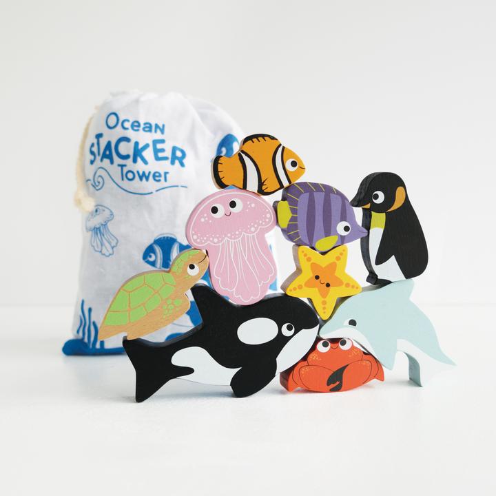 Le Toy Van Ocean Stacker Tower & Bag - Featuring ocean animals including whale, dolphin, starfish, penguin, sea turtle, jelly fish and an array of fishy friends.