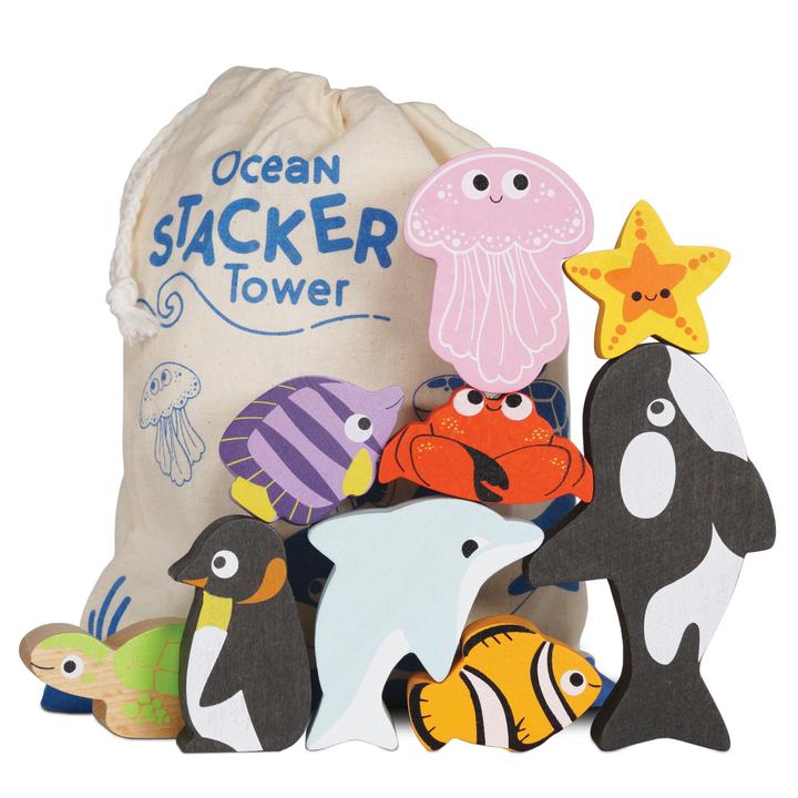 Le Toy Van Ocean Stacker Tower & Bag, each is decorated in water-based paints to prevent chipping, ensure they are safe for kids & kinder to the environment.