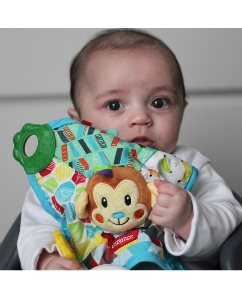 Nuby Monkey Teether Blanket. This interactive Teething Blankie toy is bright, colourful and fun with lots of different textures to help ease your little ones sore gums and help as they cut their first tiny teeth.