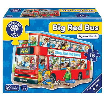 Orchard Toys Big Red Bus Jigsaw Puzzle - a 15-piece shaped floor puzzle featuring a bright red bus! Puzzle size 59 x 42cm approx. for age 2-5 years old. Sold by Say It Baby Gifts