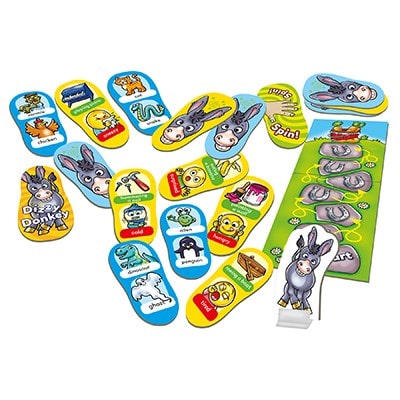 Orchard Toys Dizzy Donkey Game. Players take turns to pick two cards, one card that shows an action and another card that shows a character. Once you have your cards it's time to take to the stage and start performing - will you be a 'sneezing chicken', a 'hungry penguin' or even a 'tired penguin'?!