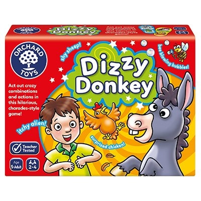 Orchard Toys Dizzy Donkey Game. Collect the most pairs of cards before the donkey reaches the carrot in this high energy action and performance game!