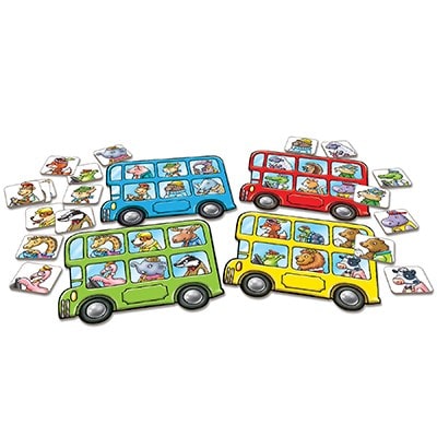 Orchard Toys Little Bus Lotto Mini Game. This animal-themed lotto game features 24 animal character tiles and 4 different coloured buses to choose from.
