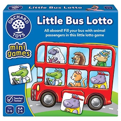 Orchard Toys Little Bus Lotto Mini Game. Collect animal passengers for your bright little bus in this fun travel size lotto game.