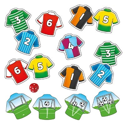 Orchard Toys Penalty Shoot Out Mini Game. Say It Baby Gifts. Roll the dice and match the spots to the number on the football shirt. At the end of the game it's the number of footballs on the back of the cards which will have the players running a victory lap around the living room