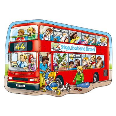 Orchard Toys Big Red Bus Jigsaw Puzzle - a 15-piece shaped floor puzzle featuring a bright red bus! All aboard the big red bus! A bright and colourful puzzle by Orchard Toys for ages 2-5 years old.