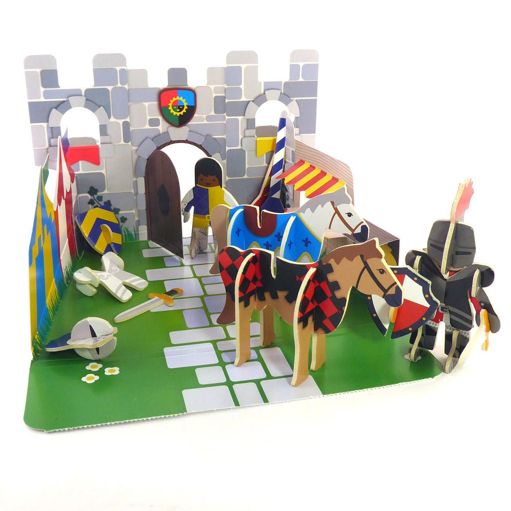 This fantastic Knights Castle Eco-Friendly Pop Out Play Set by Playpress contains 2 knights, horses, shields, swords, and jousting lances the pack itself also builds into a castle with a courtyard!