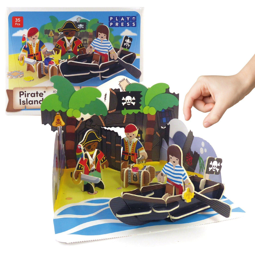 This fantastic Pirate Island Eco-Friendly Pop Out Play Set by Playpress contains 3 pirates, a boat, treasure chest, treasure, a parrot, accessories, and the pack itself also builds into a pirate island hideaway.