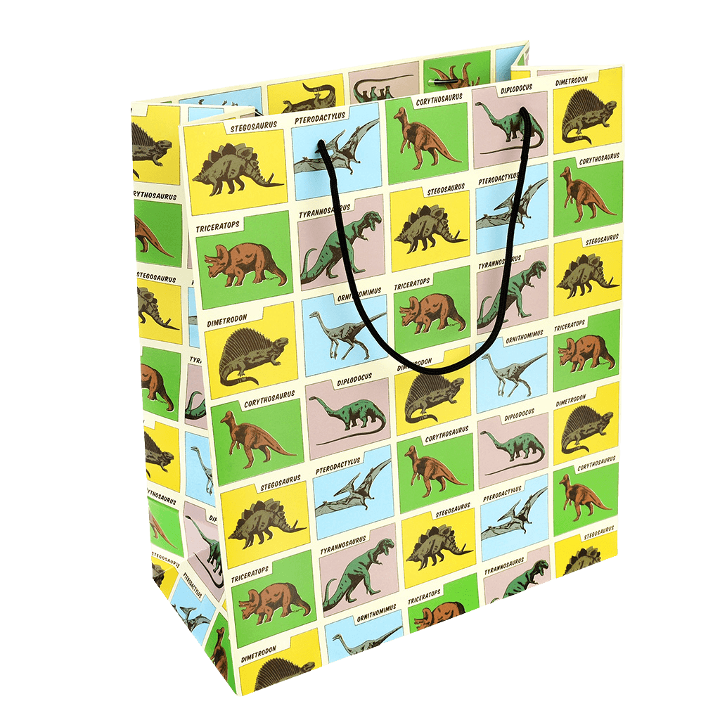 Large paper gift bag with string handles with dinosaur design.