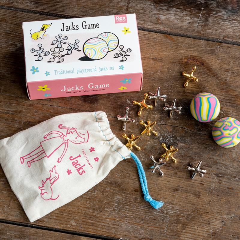 Rex London Traditional Jacks Game - A fantastic retro playground game, this Jacks set contains 10 metal jacks and two bouncy balls, with a handy cotton bag. Sold by Say It Baby Gifts