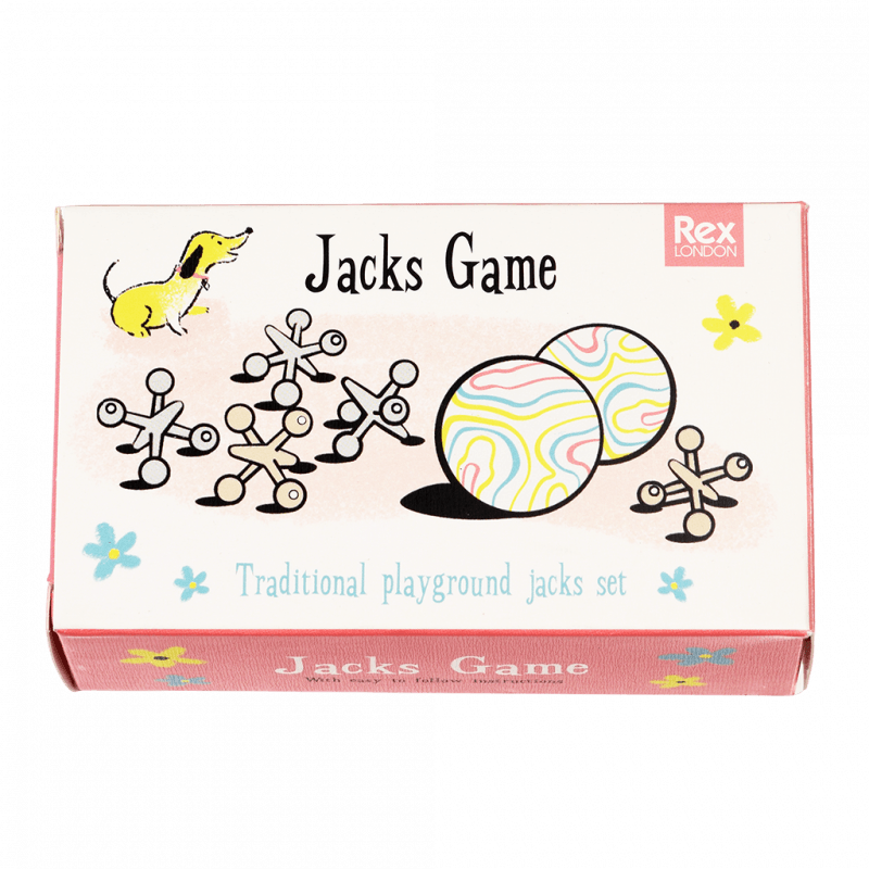 Rex London Traditional Jacks Game - A fantastic retro playground game, this Jacks set contains 10 metal jacks and two bouncy balls, with a handy cotton bag. Sold by Say It Baby Gifts