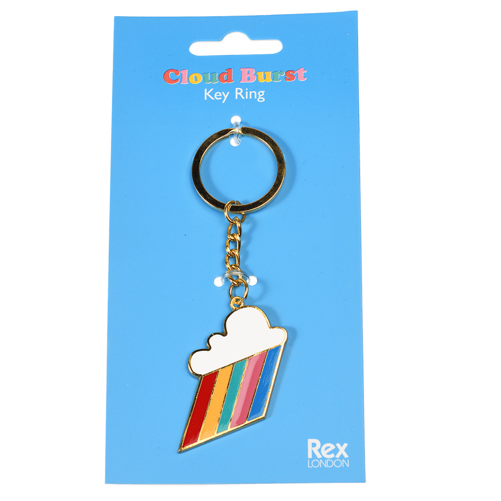 Rex London Cloud Burst Key Ring. This retro style metal keyring is in the shape of a cloud with rainbow-coloured beams - a great gift to brighten up any set of keys! Sold by Say It Baby Gifts