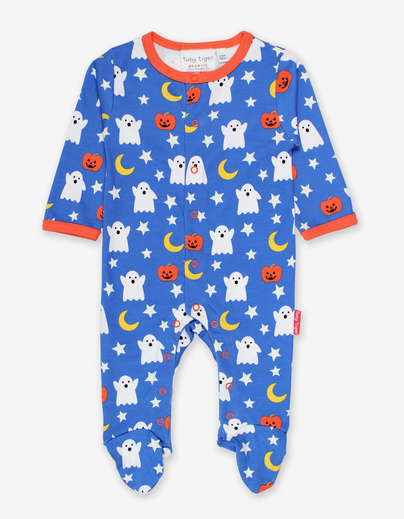 This fabulous Ghost Print sleepsuit in blue by Toby Tiger features friendly white ghosts, sweet jack o'lanterns and star print with a bold orange trim. Sold by Say it Baby Gifts