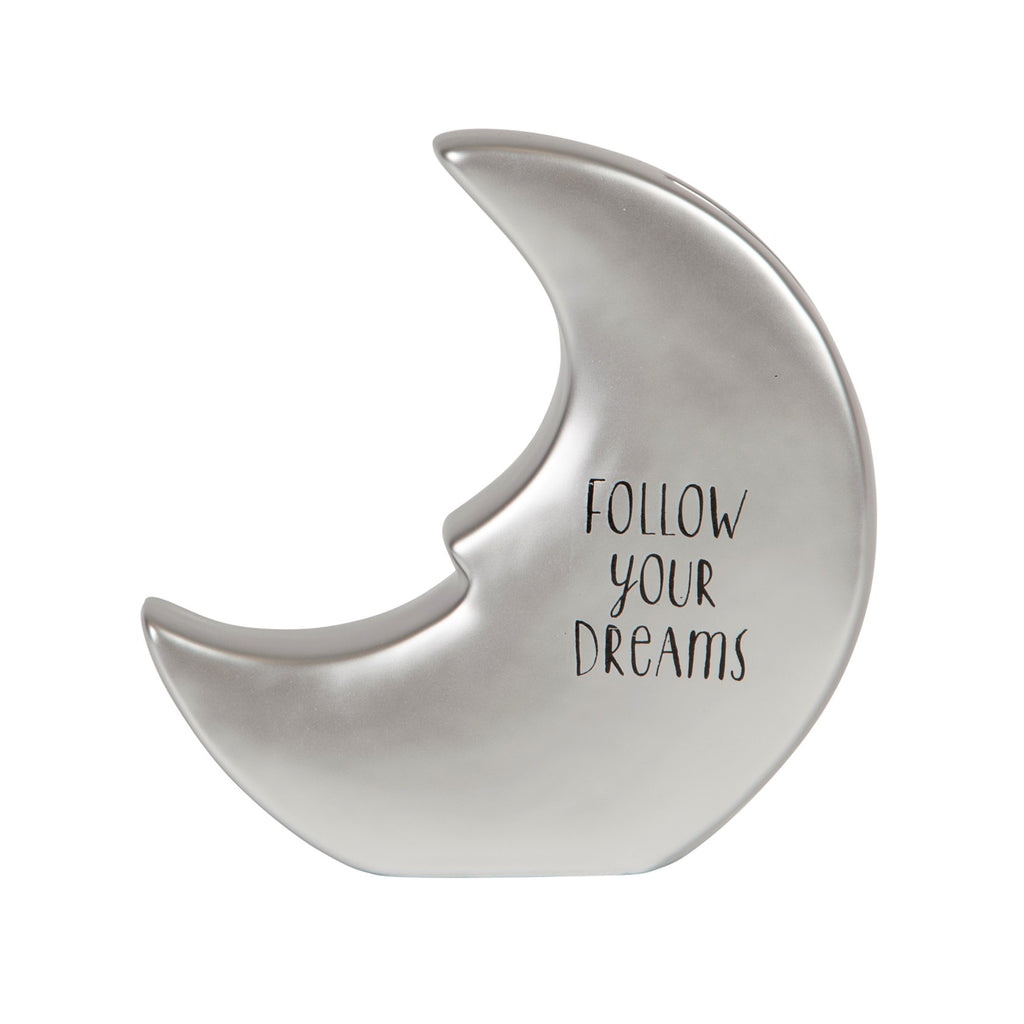 This lovely moon first money box from Sass & Belle is a beautiful gift for a new baby's room. Follow Your Dreams Inscription on back