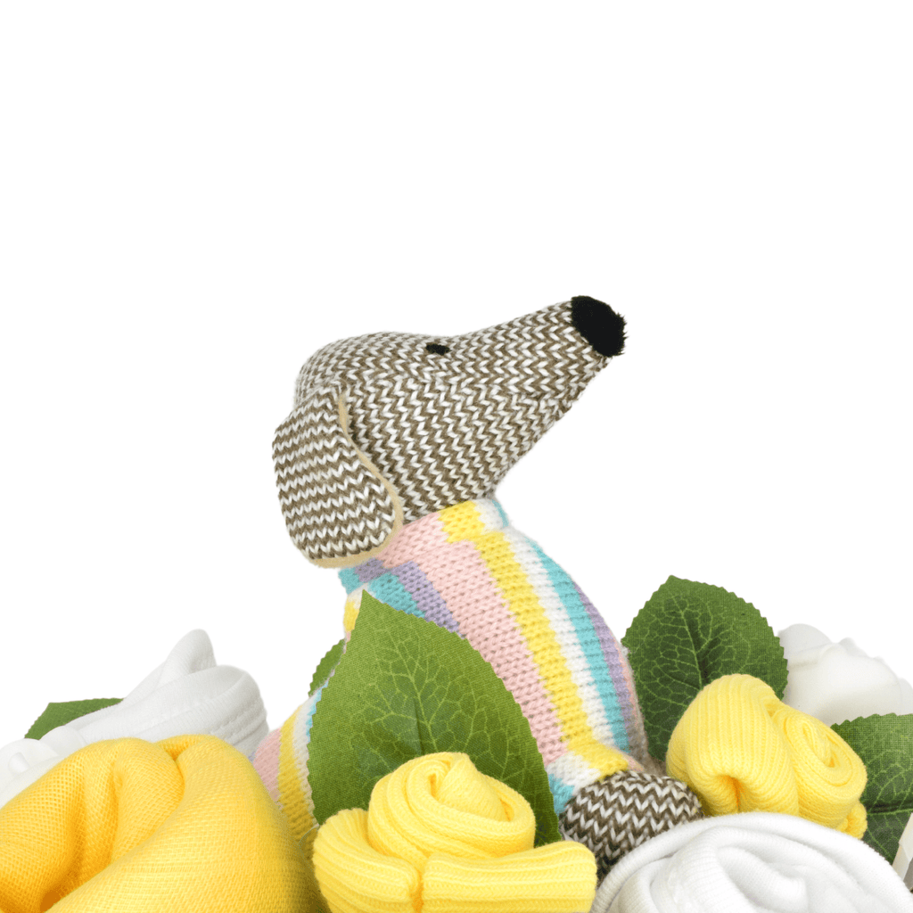 Say It Baby - Hello Little One Bouquet. The bouquet box contains muslin squares, baby bibs, socks and a gorgeous Best Years Sausage Dog Rattle. The sweet dachshund also has a lovely gentle rattle inside.