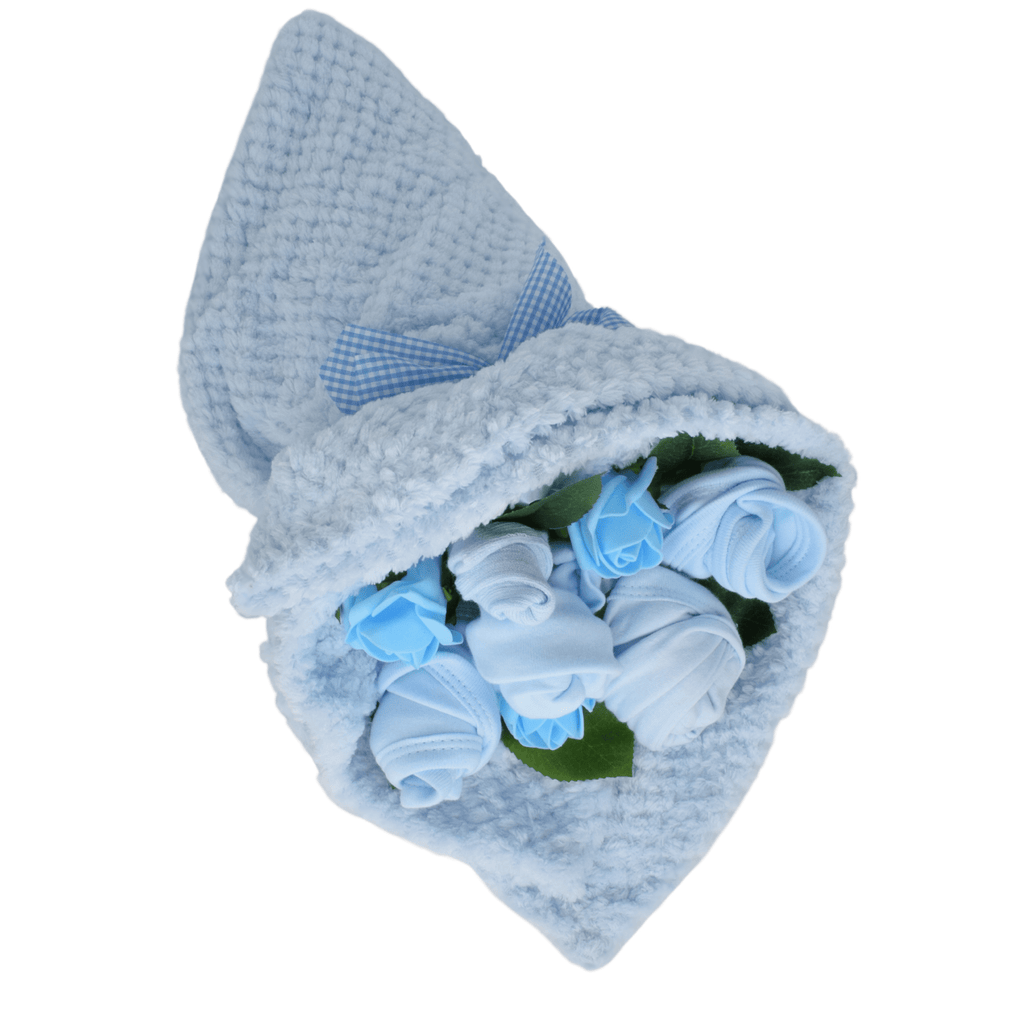 Say It Baby - Traditional Baby Blues Clothes Bouquet. ll our bouquets are unique to us and are made from the best quality items (size 3-6 months) Complete with wooden flower and greenery detail, wrapped in tissue with contents card and your own personal card message, this eco-friendly baby bouquet is sure to be adored.