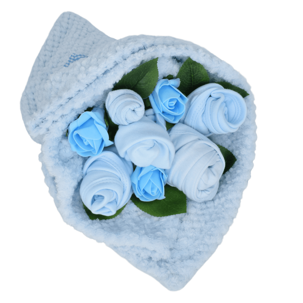 Say It Baby - Traditional Baby Blues Clothes Bouquet. A gorgeous traditional style flower arrangement for a special baby boy - carefully crafted out of baby clothes. Even the packaging is practical - wrapped in a lovely soft blanket.