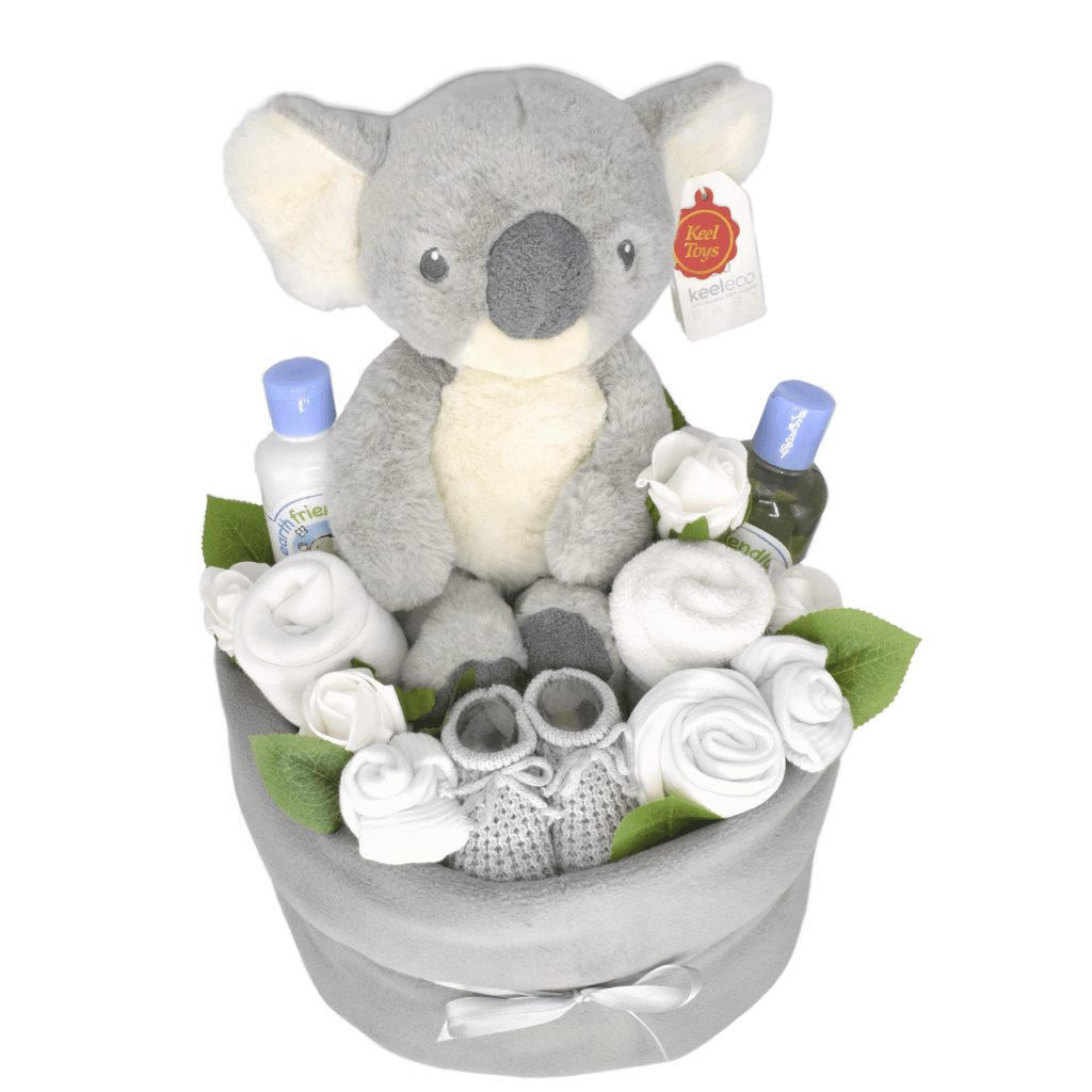 Unisex Baby Nappy Cake Bouquet - Grey. This special nappy cake in silvery grey tones is deep filled with lots of lovely baby items including baby booties, socks, muslin square, bib, washcloth, baby toiletries and a lovely soft toy Koala!
