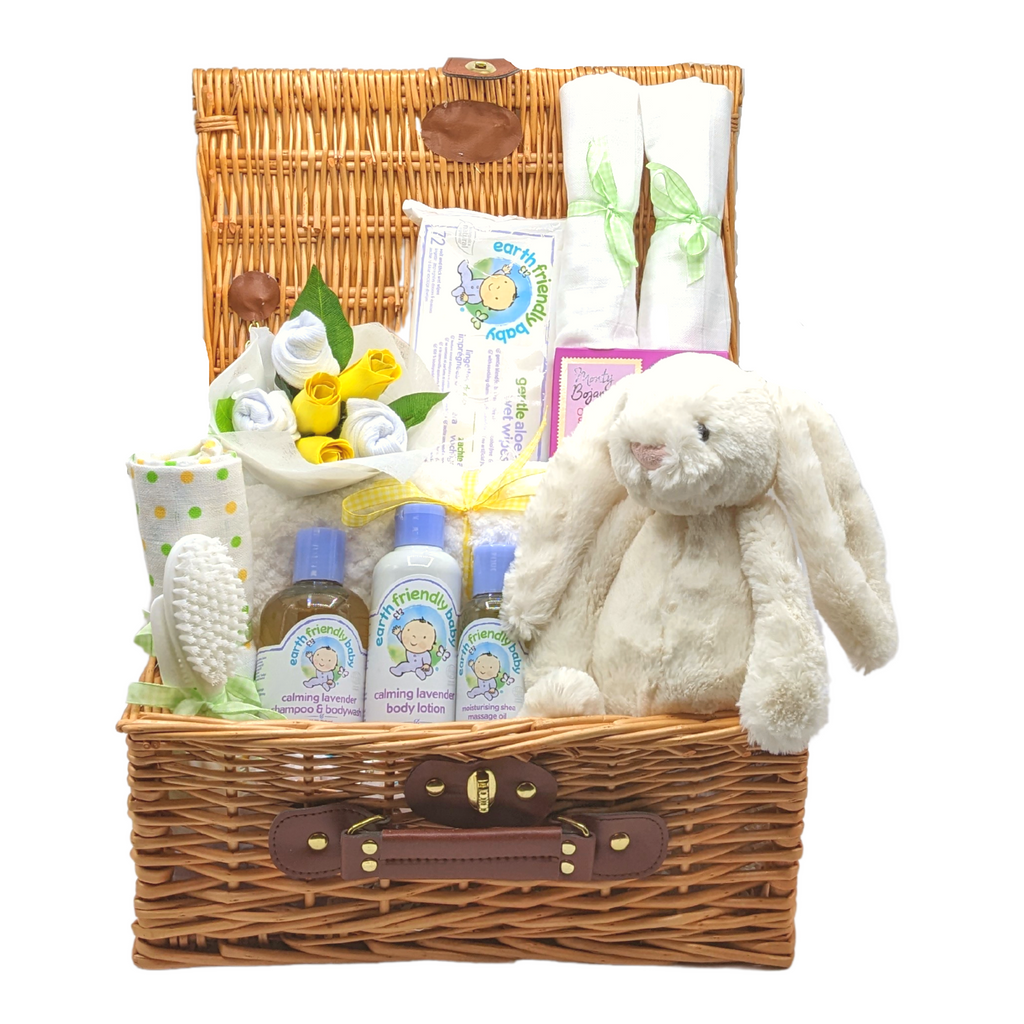 Say It Baby Unisex Baby Hamper for a new baby. Great as a gender netural baby gift basket. Filled with with lovely products.