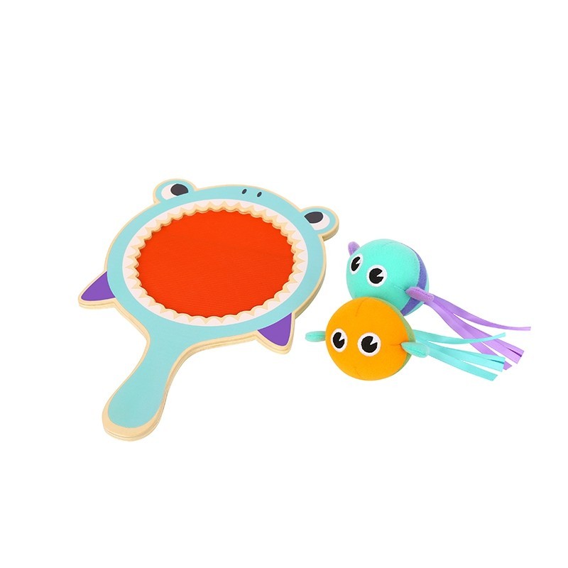 Tooky Toy Wooden Shark Catch Ball - a brightly coloured wooden shark bat with soft velcro material fish. Sold by Say it Baby Gifts