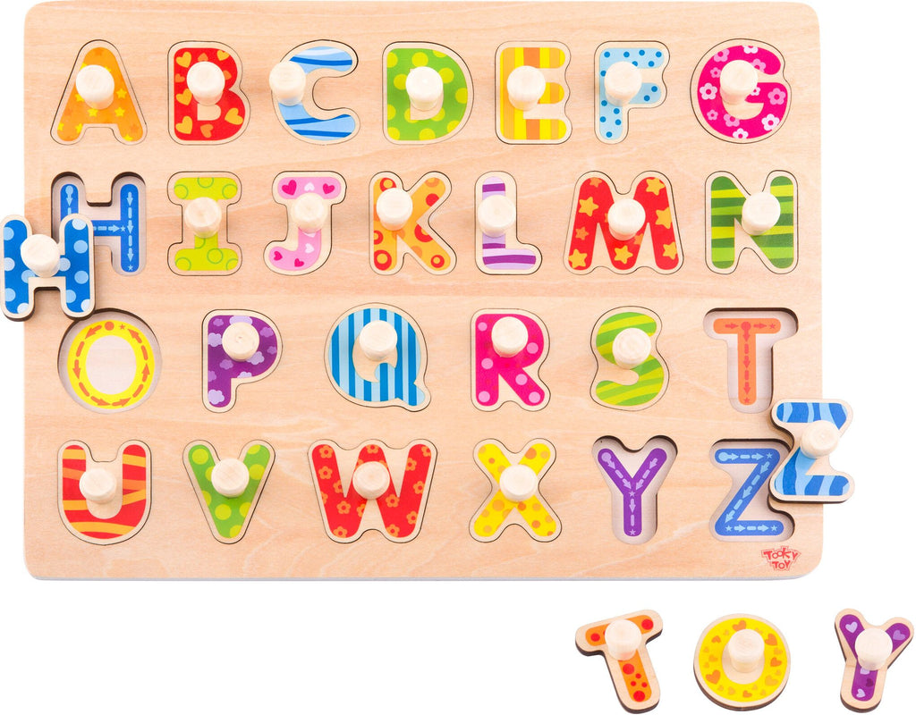 Tooky Toy Wooden Alphabet Puzzle - a colorful A-Z wooden peg jigsaw puzzle. Sold by Say It Baby Gifts